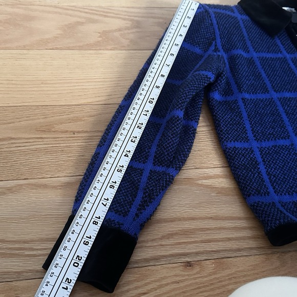St John Marie Gray Zip Cardigan 6 Blue Check Plaid Knit Black Velvet Trim Pads - Picture 7 of 11